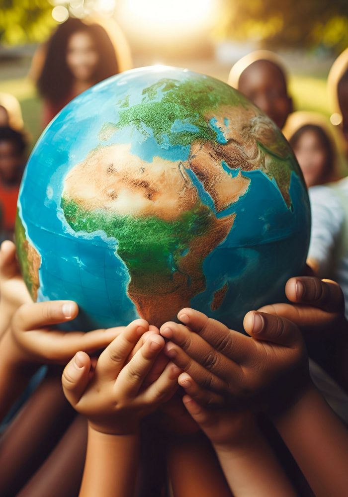 International day of peace and earth concept. African Children holding earth globe. Group of African children holding planet earth over defocused nature background.